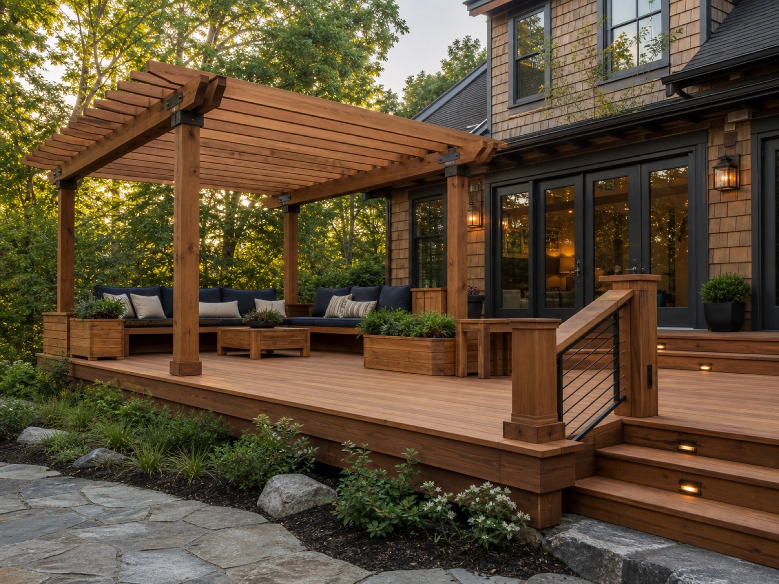 Cedar deck with pergola and integrated outdoor seating