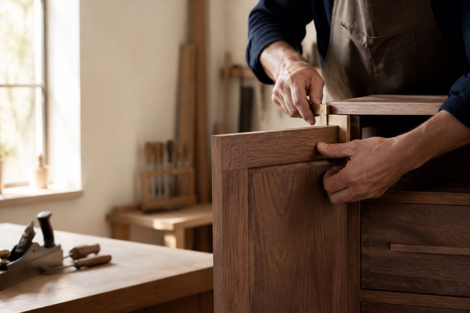 Carpenter carefully fitting a walnut cabinet door in a sunlit workshop