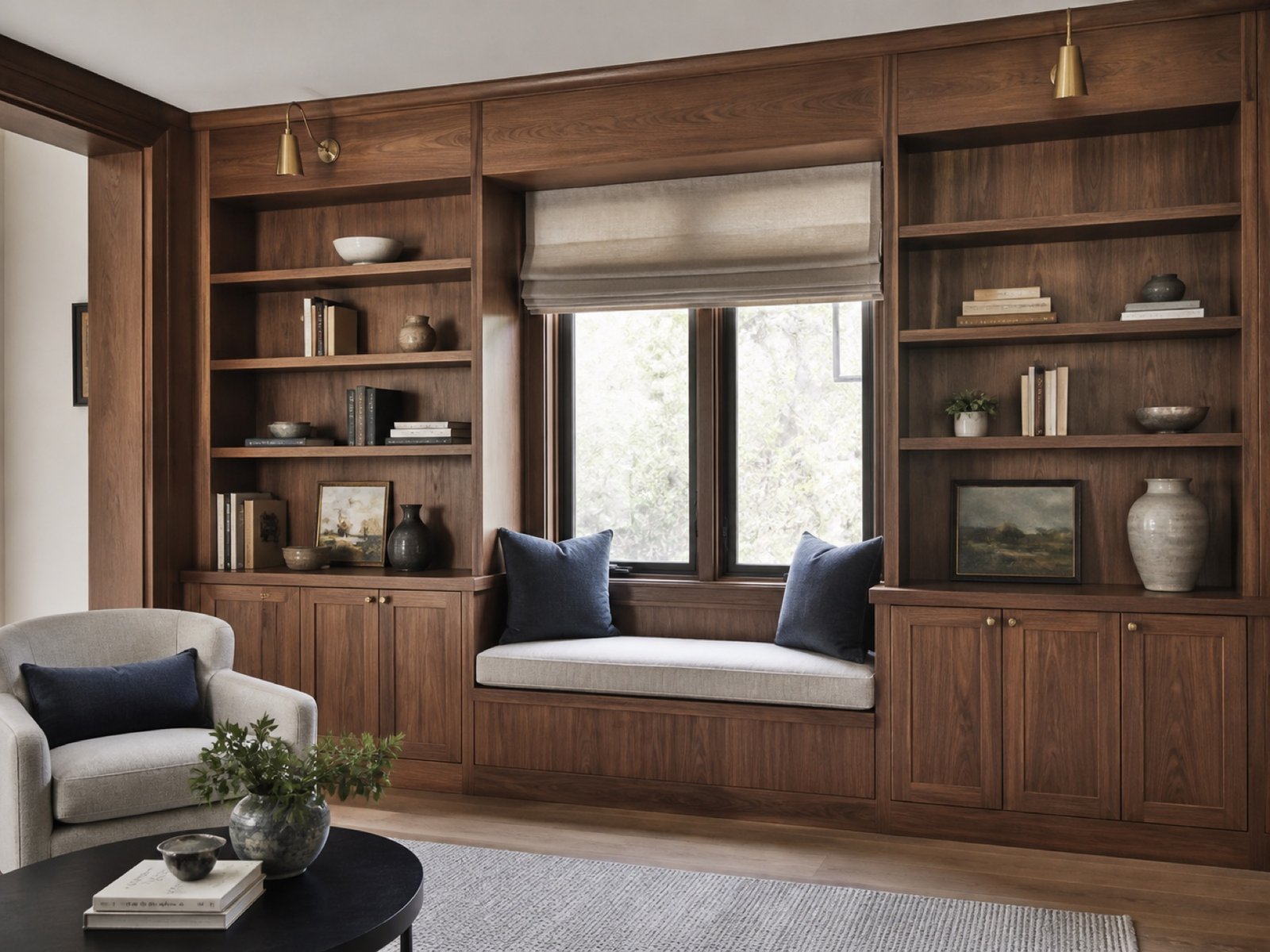 Walnut library built-ins with cabinets and a central window seat