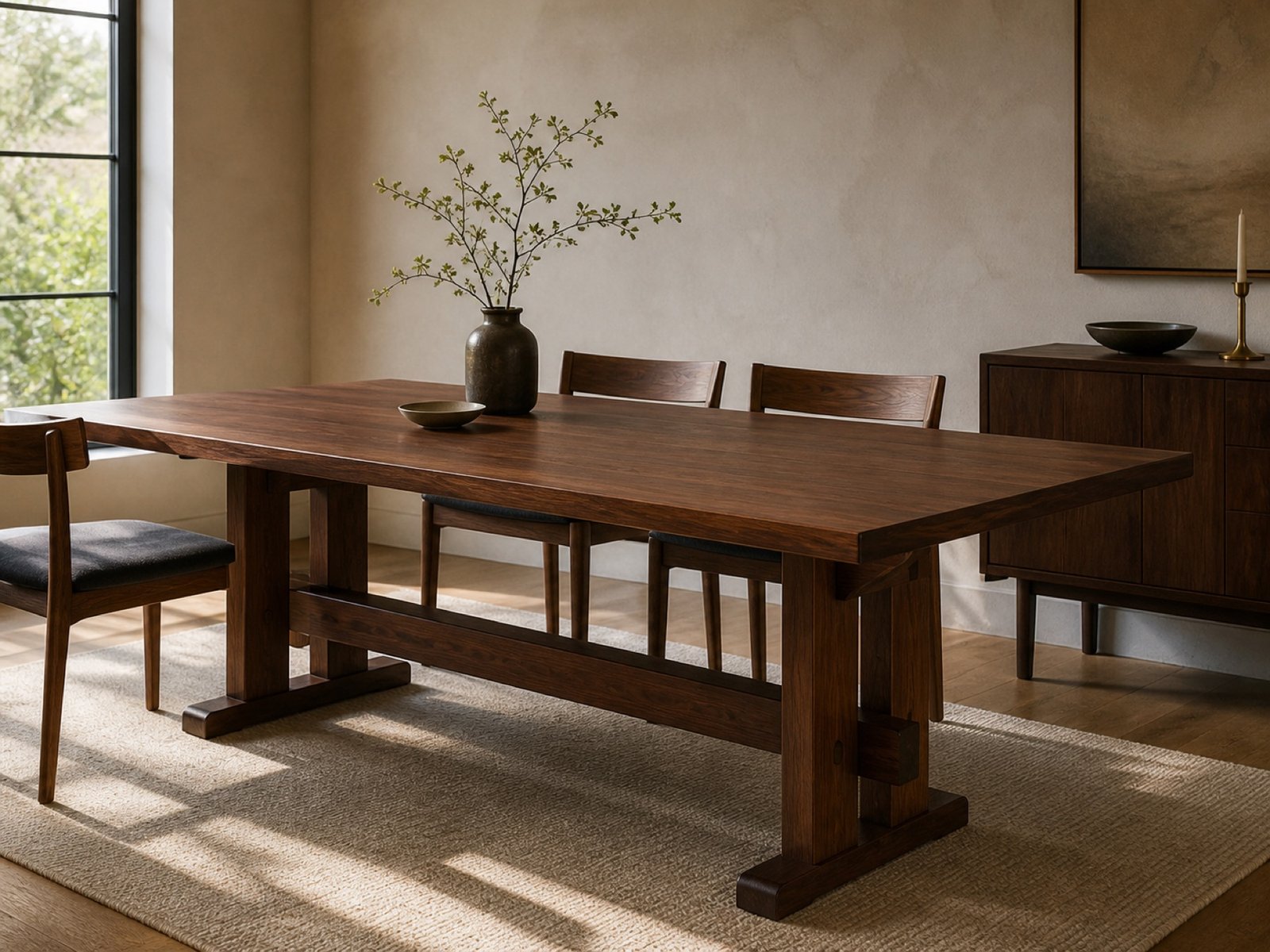 Solid walnut dining table with visible trestle joinery